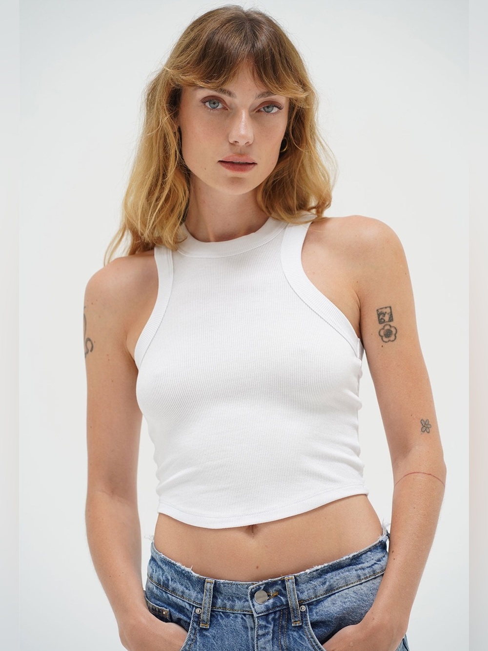 LNA Clothing Detra Ribbed Cropped Fitted Crewneck Racerback White Tank Top Sz S
